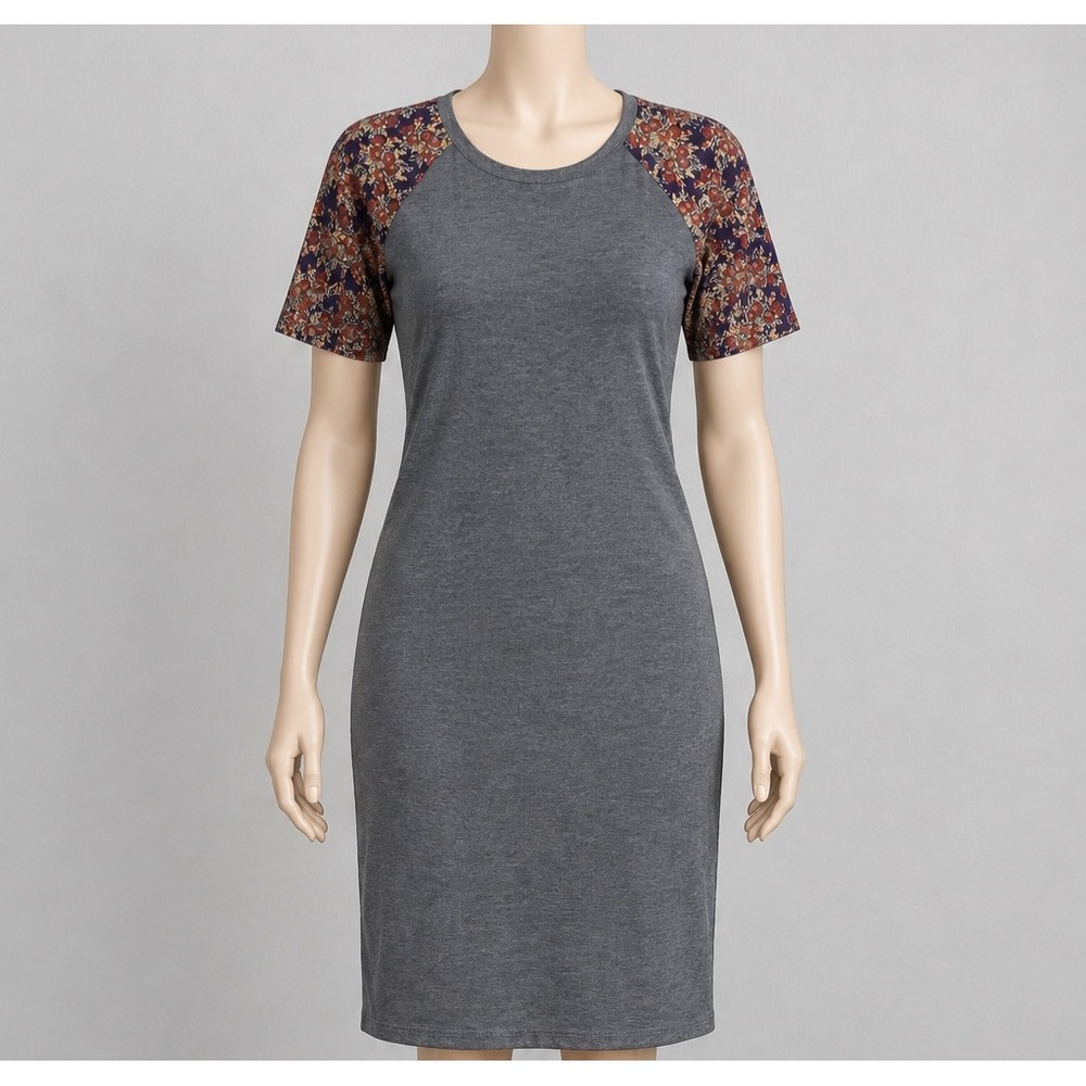 LuLaRoe Julia Dress Medium Gray Heather Floral Raglan Short Sleeve Sheath NWT